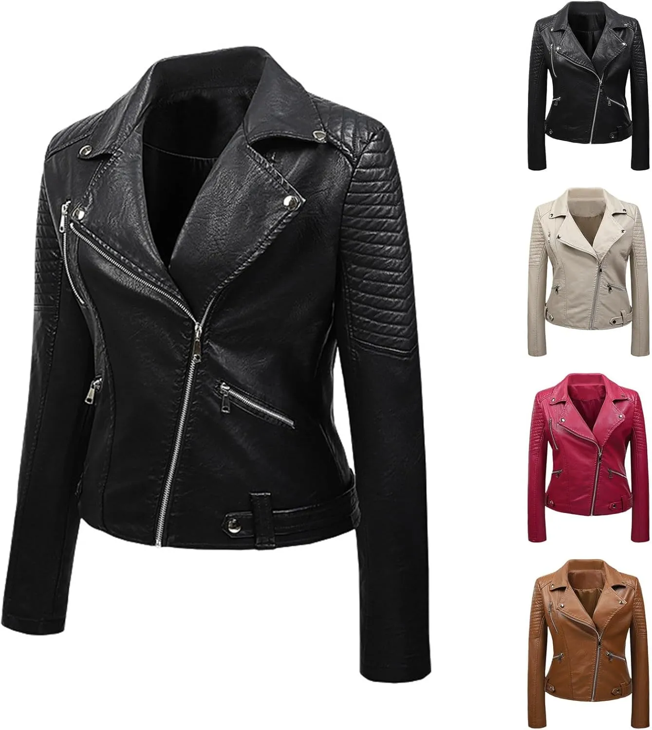 Faux Leather Jacket for Women Cropped Coat Lapel Zip Up Outwear Pockets Motorcycle Jackets Fleece Pleated Overcoat