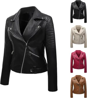 Faux Leather Jacket for Women Cropped Coat Lapel Zip Up Outwear Pockets Motorcycle Jackets Fleece Pleated Overcoat