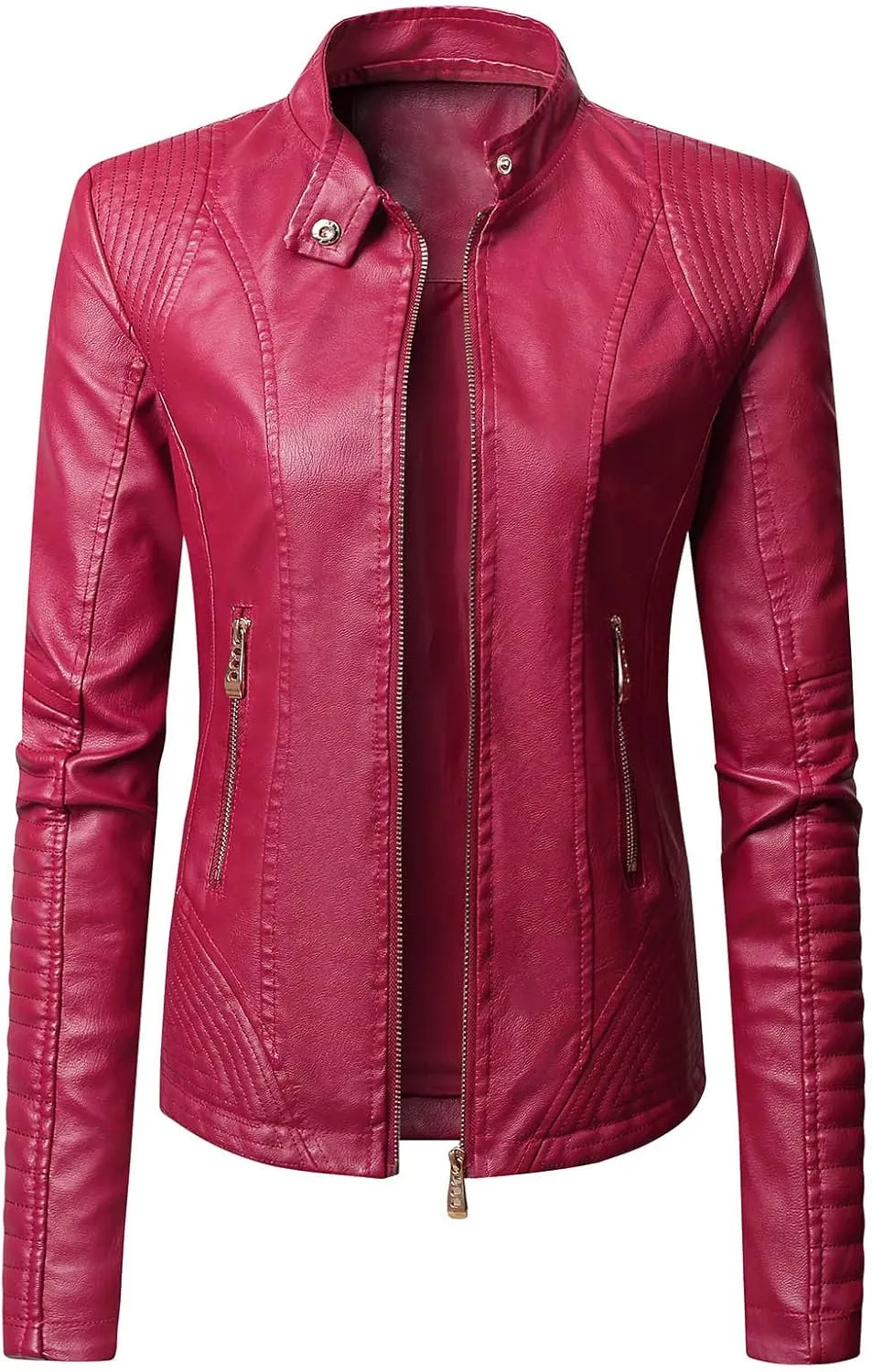 Faux Leather Jacket for Women Stand Collar Coat Short Slim Fit Jackets Zipper Outerwear Zip up Moto Bike Bomber Coats