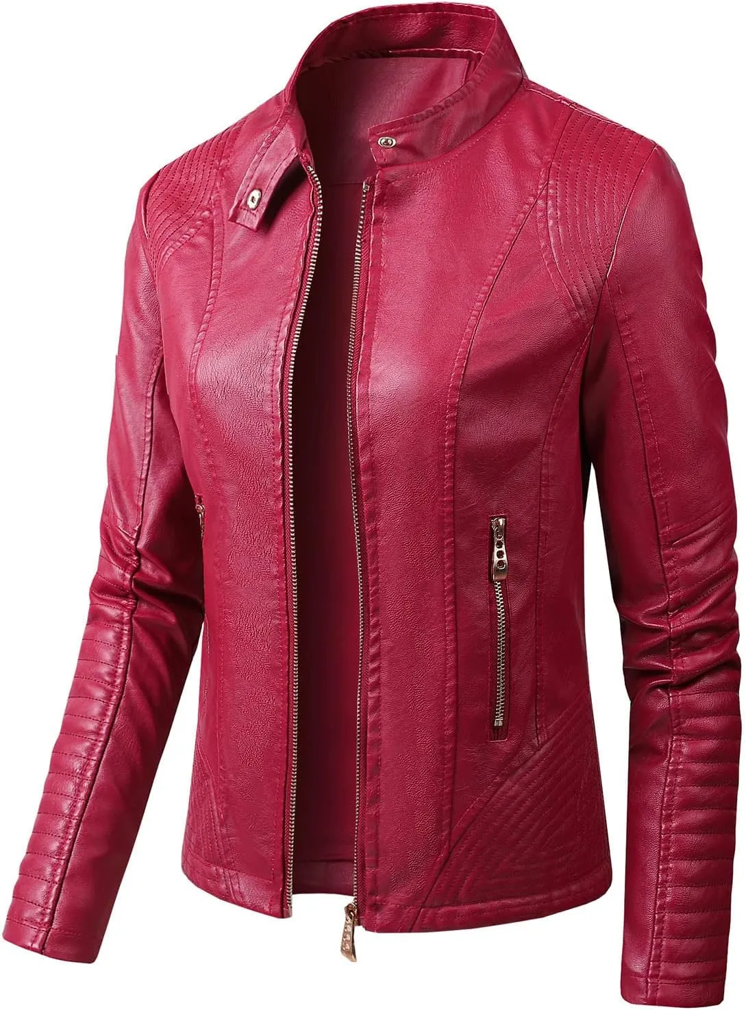 Faux Leather Jacket for Women Stand Collar Coat Short Slim Fit Jackets Zipper Outerwear Zip up Moto Bike Bomber Coats