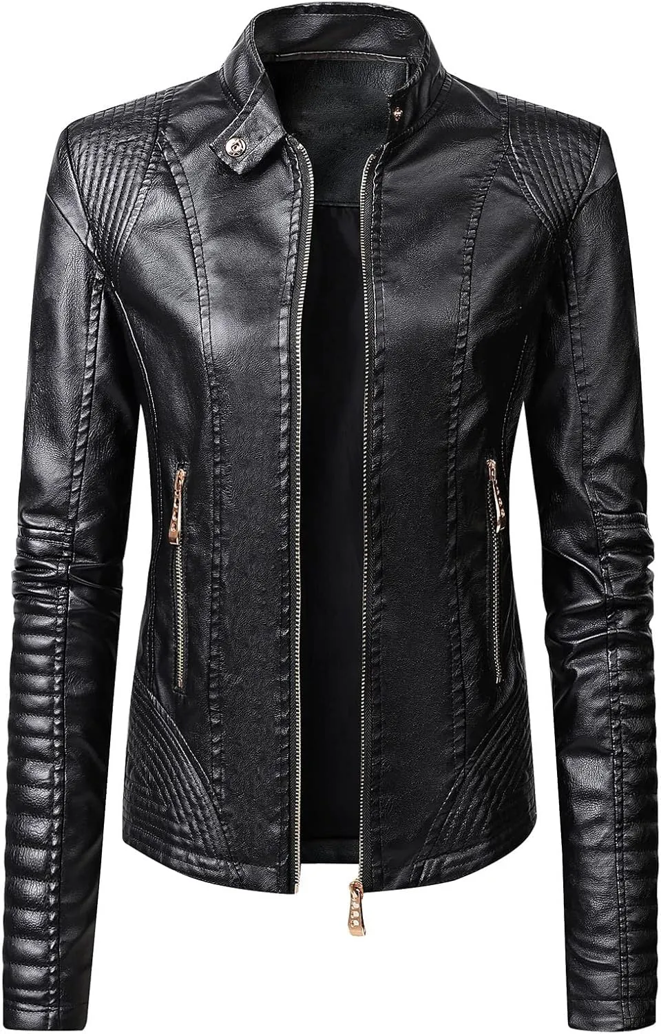 Faux Leather Jacket for Women Stand Collar Coat Short Slim Fit Jackets Zipper Outerwear Zip up Moto Bike Bomber Coats
