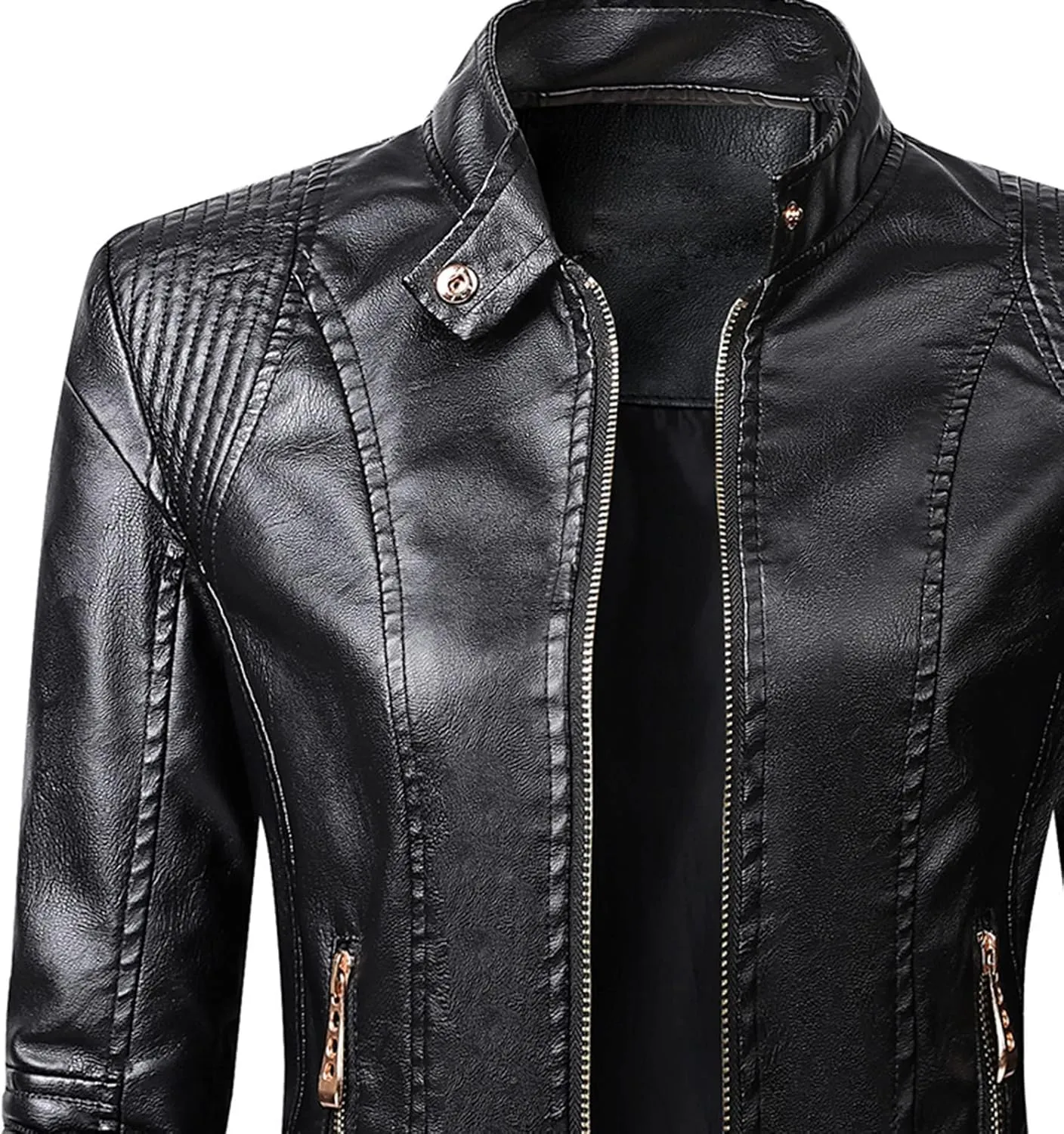 Faux Leather Jacket for Women Stand Collar Coat Short Slim Fit Jackets Zipper Outerwear Zip up Moto Bike Bomber Coats