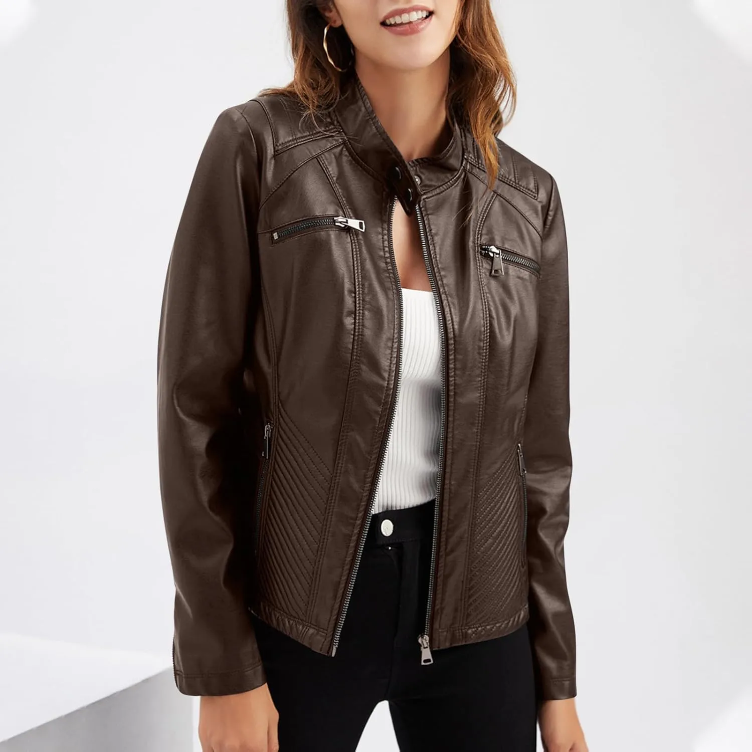 Faux Leather Jackets for Women UK PU Cropped Coats Full Zipper Stand Collar Tunics Windproof Waterproof Trench Coats