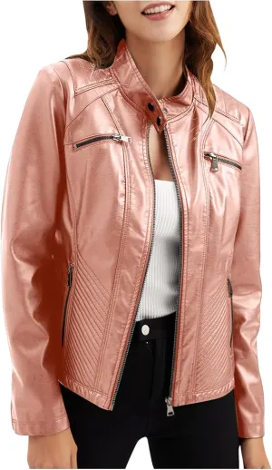 Faux Leather Jackets for Women UK PU Cropped Coats Full Zipper Stand Collar Tunics Windproof Waterproof Trench Coats