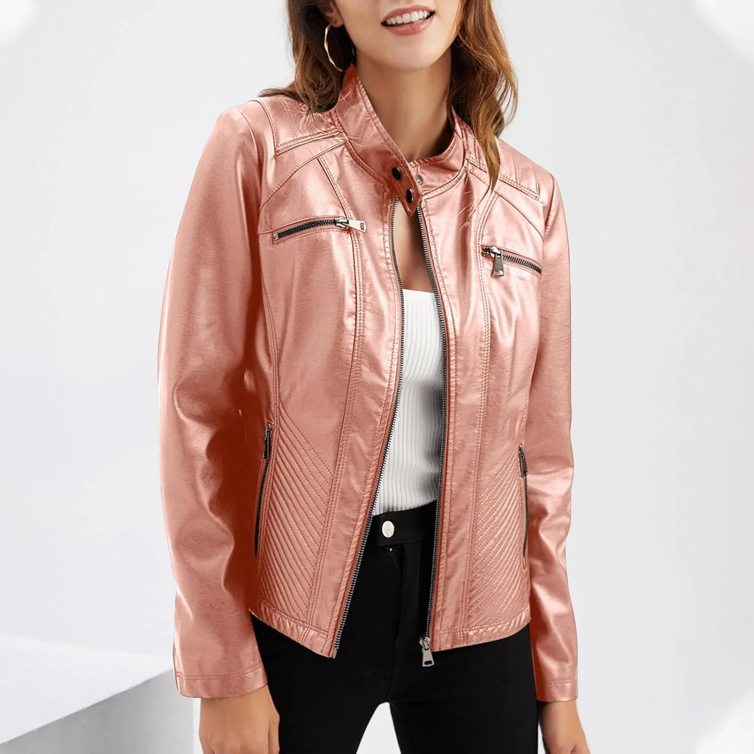 Faux Leather Jackets for Women UK PU Cropped Coats Full Zipper Stand Collar Tunics Windproof Waterproof Trench Coats