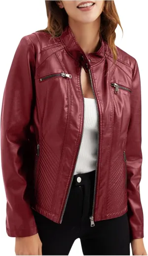 Faux Leather Jackets for Women UK PU Cropped Coats Full Zipper Stand Collar Tunics Windproof Waterproof Trench Coats