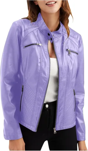 Faux Leather Jackets for Women UK PU Cropped Coats Full Zipper Stand Collar Tunics Windproof Waterproof Trench Coats