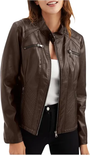 Faux Leather Jackets for Women UK PU Cropped Coats Full Zipper Stand Collar Tunics Windproof Waterproof Trench Coats