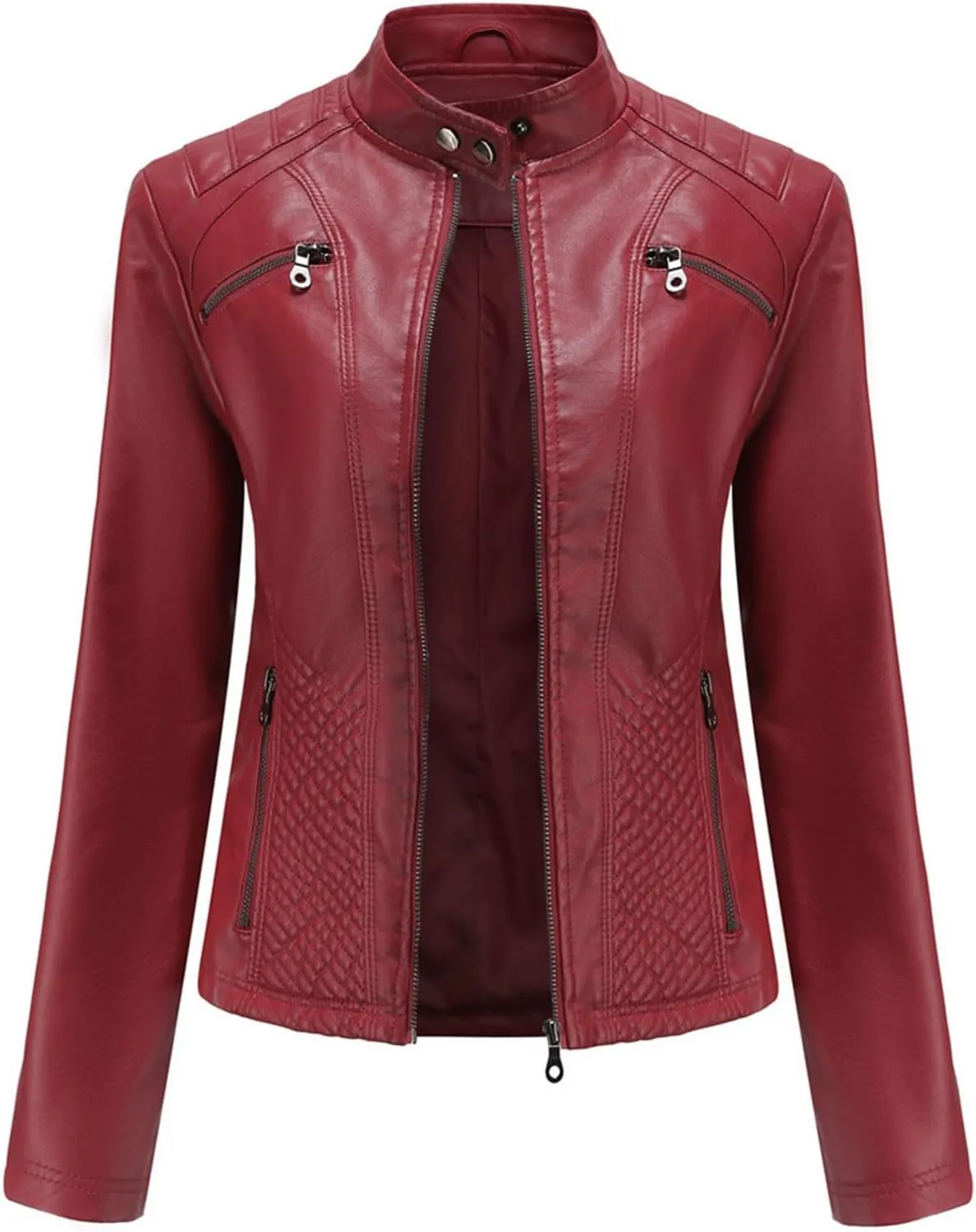 Faux Leather Jackets for Women UK PU Cropped Coats Full Zipper Stand Collar Tunics Windproof Waterproof Trench Coats