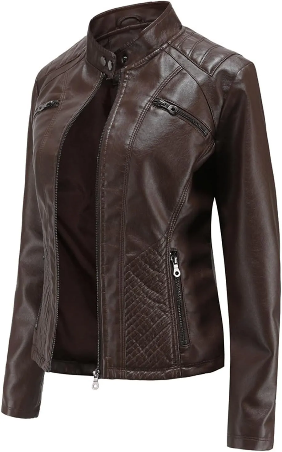 Faux Leather Jackets for Women UK PU Cropped Coats Full Zipper Stand Collar Tunics Windproof Waterproof Trench Coats