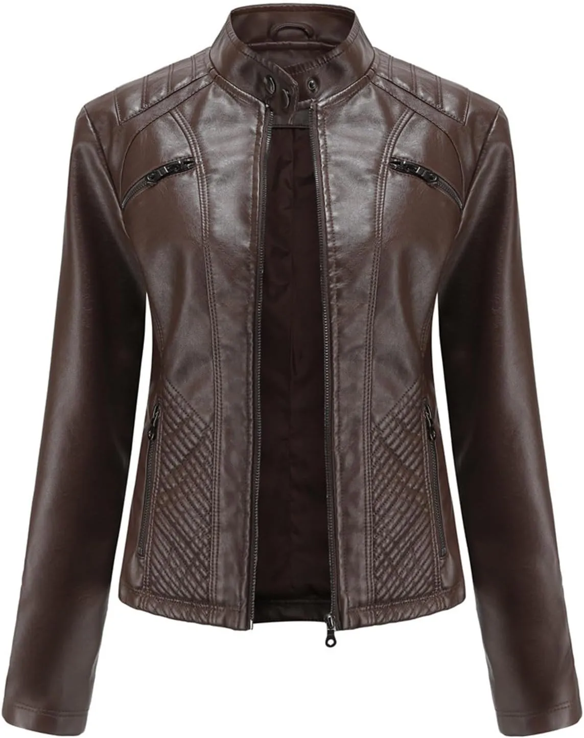 Faux Leather Jackets for Women UK PU Cropped Coats Full Zipper Stand Collar Tunics Windproof Waterproof Trench Coats