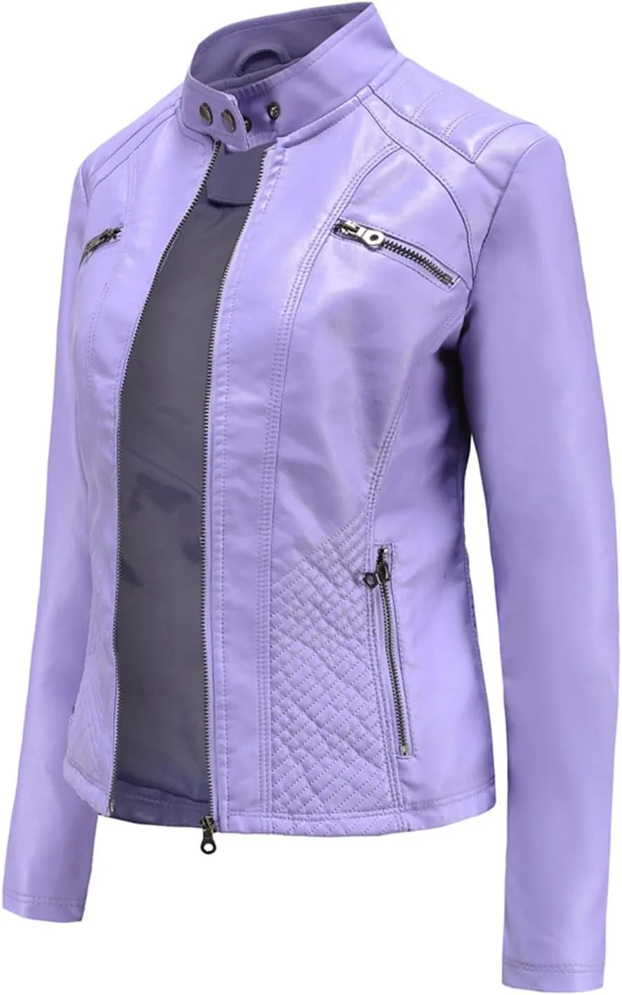 Faux Leather Jackets for Women UK PU Cropped Coats Full Zipper Stand Collar Tunics Windproof Waterproof Trench Coats