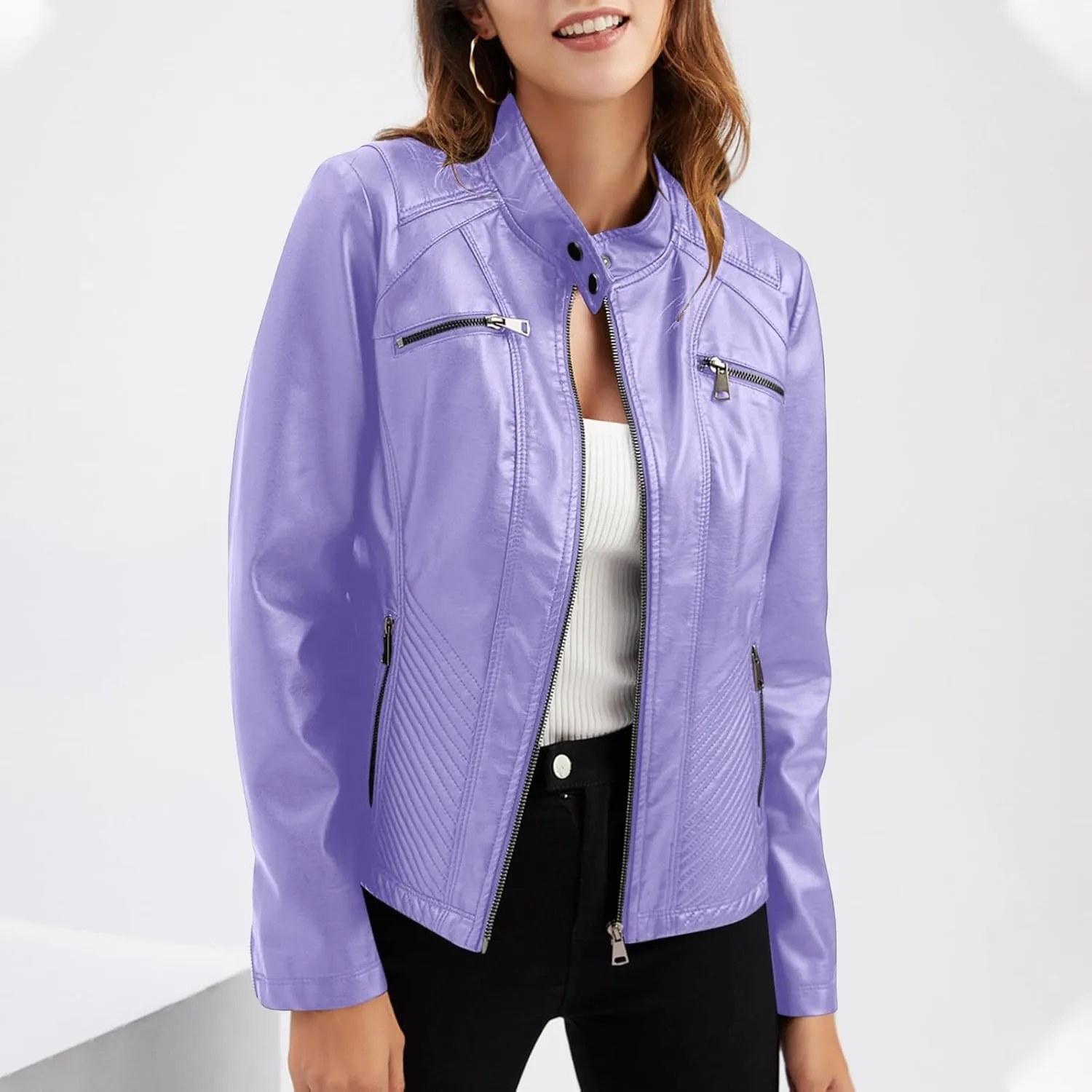 Faux Leather Jackets for Women UK PU Cropped Coats Full Zipper Stand Collar Tunics Windproof Waterproof Trench Coats