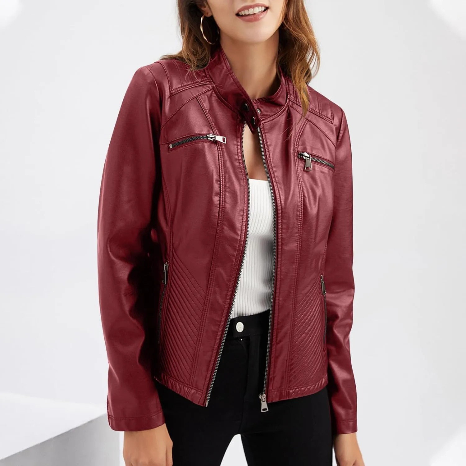 Faux Leather Jackets for Women UK PU Cropped Coats Full Zipper Stand Collar Tunics Windproof Waterproof Trench Coats