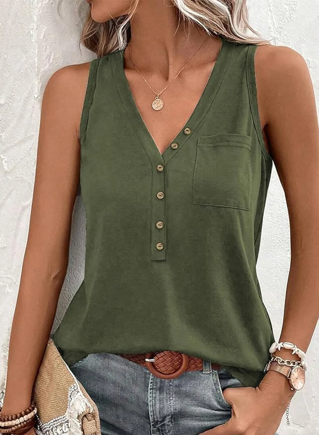 FECAFO Womens Half Button Patched Pocket Tank Top Sleeveless Henley Shirt Summer V Neck Loose Fit Casual Basic Vest Shirts