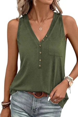 FECAFO Womens Half Button Patched Pocket Tank Top Sleeveless Henley Shirt Summer V Neck Loose Fit Casual Basic Vest Shirts