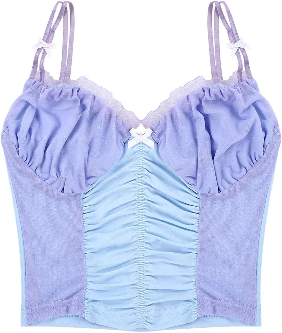 FEESHOW Women's Lace Patchwork V Neck Camisole Spaghetti Strap Crop Cami Tank Tops