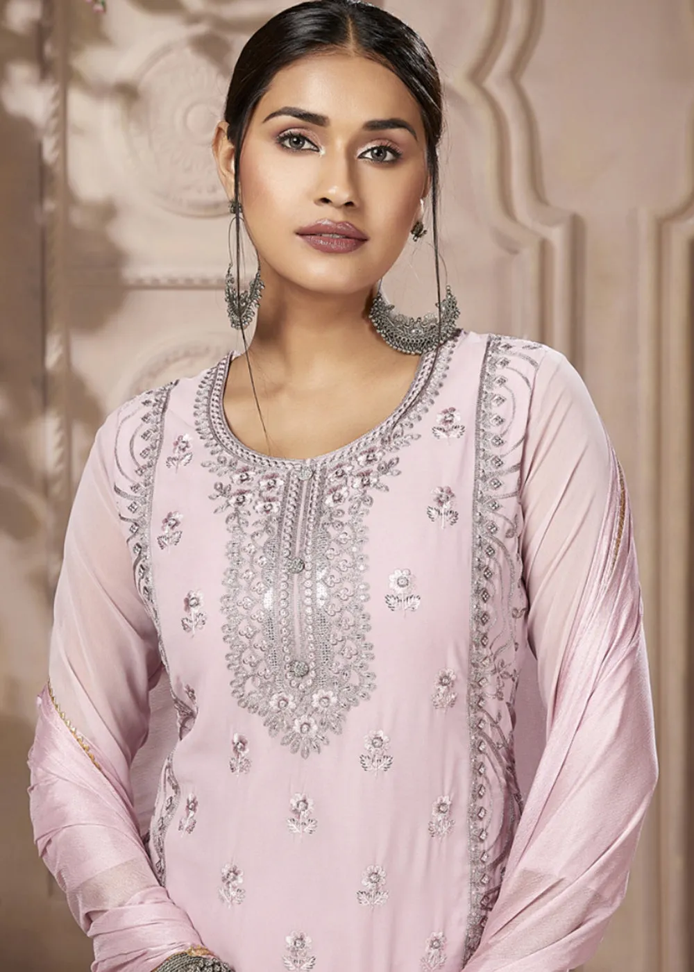 Festive Look Trendy Pink Embroidered Pant Style Salwar Suit