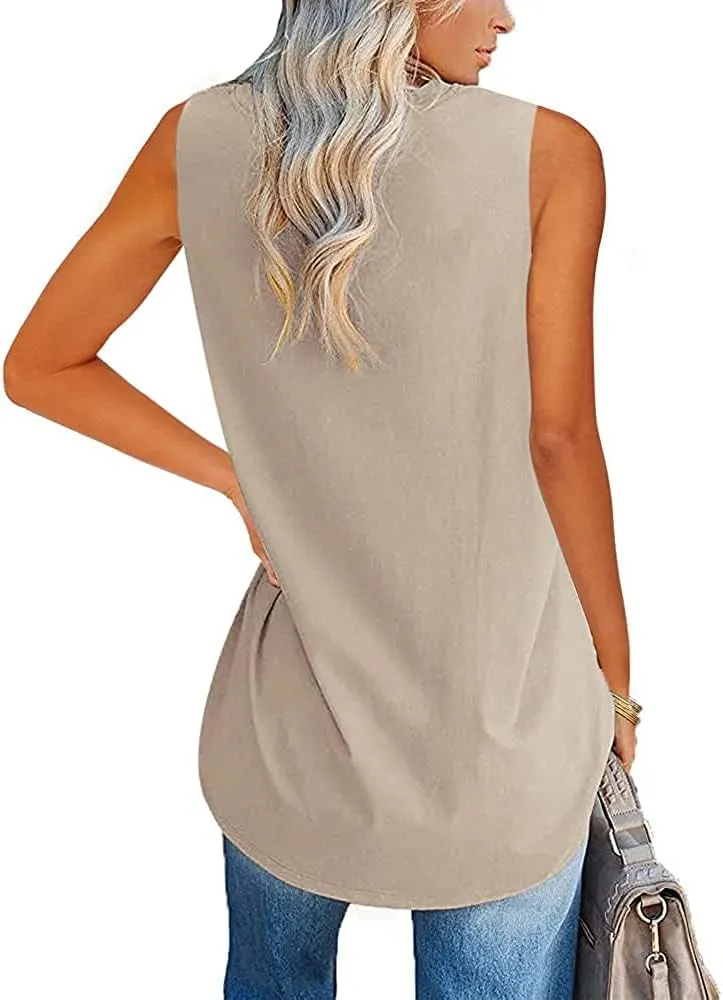 Fisoew Women V Neck Tank Tops Summer Loose Casual Basic Solid Color Sleeveless Shirts Tunic Tops