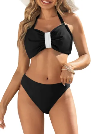 Fisoew Womens Two Piece Halter Swimsuit High Waisted Cute Bow Removable Strap Bandeau Bikini Sets Summer Swimwear