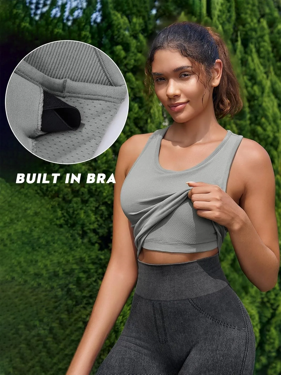 Fisoew Womens Workout Racerback Tank Tops Sleeveless Crewneck Ribbed Crop Tops with Built in Bra Yoga Shirts