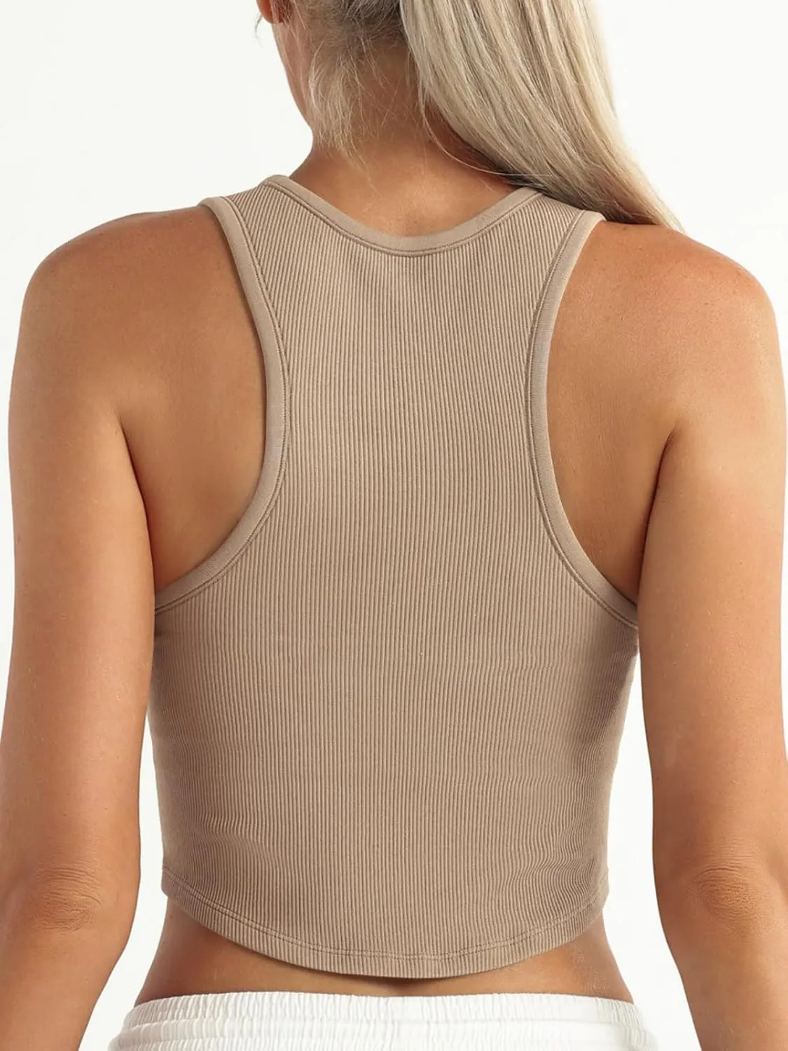 Fisoew Womens Workout Racerback Tank Tops Sleeveless Crewneck Ribbed Crop Tops with Built in Bra Yoga Shirts