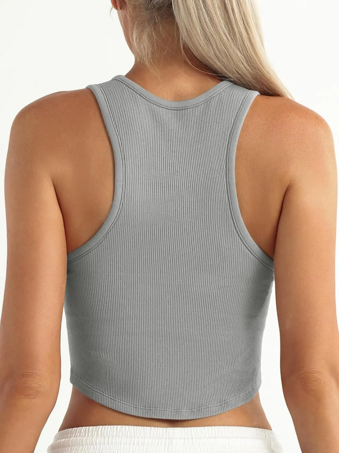 Fisoew Womens Workout Racerback Tank Tops Sleeveless Crewneck Ribbed Crop Tops with Built in Bra Yoga Shirts