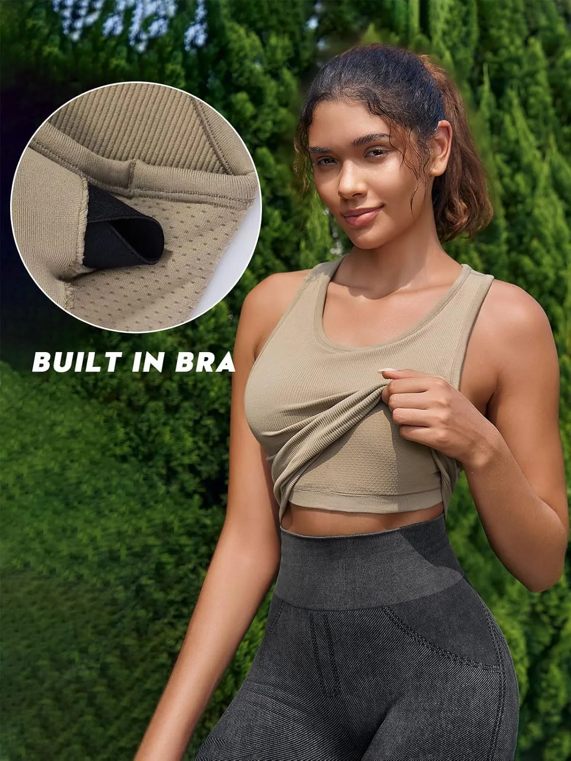 Fisoew Womens Workout Racerback Tank Tops Sleeveless Crewneck Ribbed Crop Tops with Built in Bra Yoga Shirts