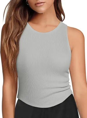 Fisoew Womens Workout Racerback Tank Tops Sleeveless Crewneck Ribbed Crop Tops with Built in Bra Yoga Shirts