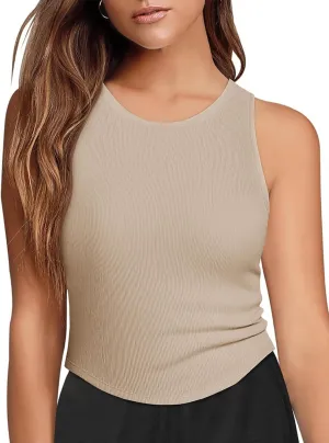 Fisoew Womens Workout Racerback Tank Tops Sleeveless Crewneck Ribbed Crop Tops with Built in Bra Yoga Shirts