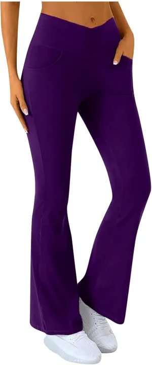 Flare Leggings for Women High Waisted Cross Waist Pants for Women with Pocket Palazzo High Waisted Yoga Pants