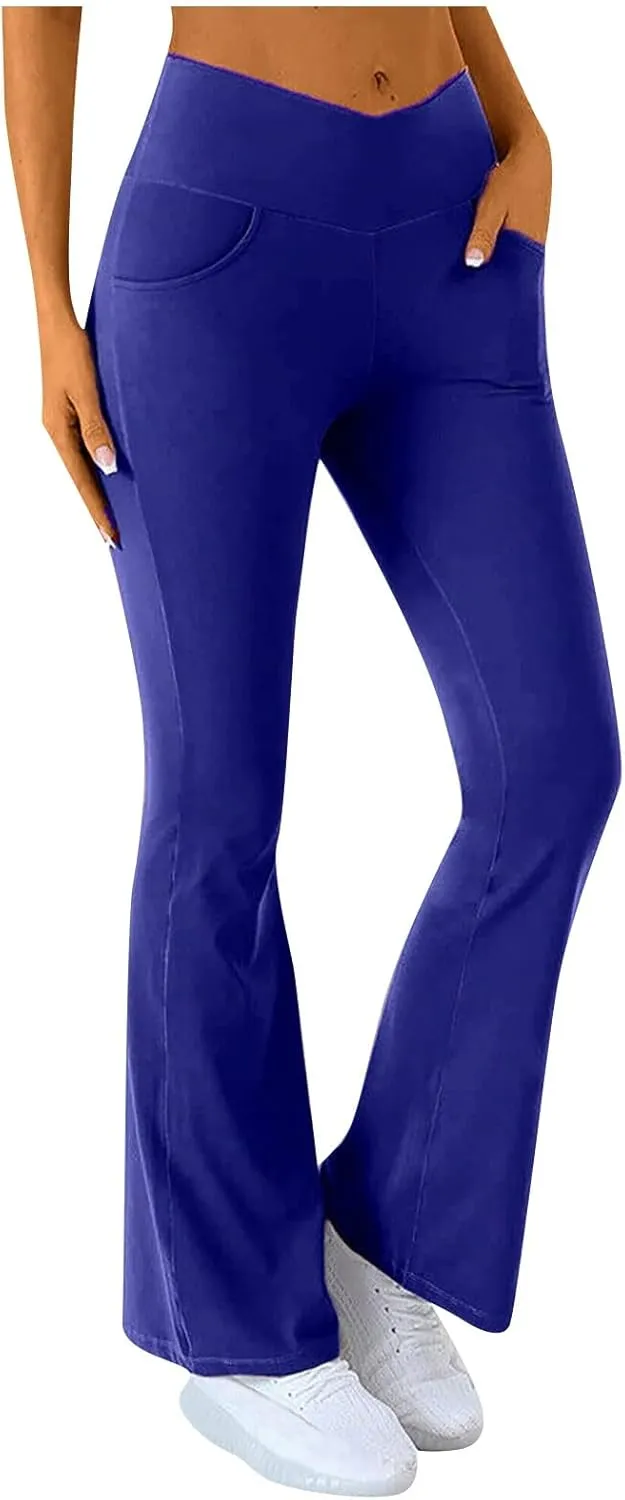 Flare Leggings for Women High Waisted Cross Waist Pants for Women with Pocket Palazzo High Waisted Yoga Pants