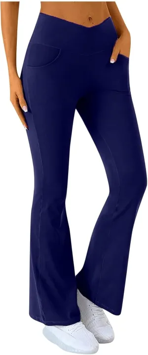 Flare Leggings for Women High Waisted Cross Waist Pants for Women with Pocket Palazzo High Waisted Yoga Pants