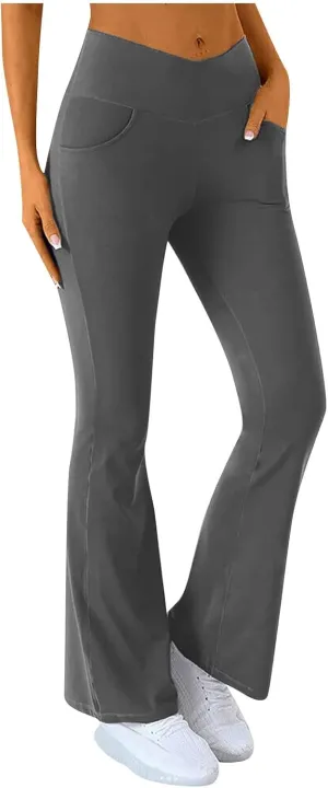 Flare Leggings for Women High Waisted Cross Waist Pants for Women with Pocket Palazzo High Waisted Yoga Pants