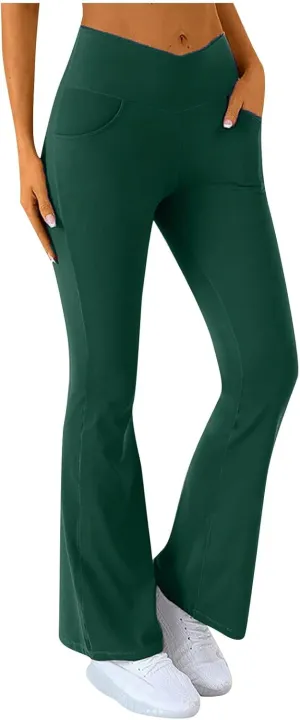 Flare Leggings for Women High Waisted Cross Waist Pants for Women with Pocket Palazzo High Waisted Yoga Pants