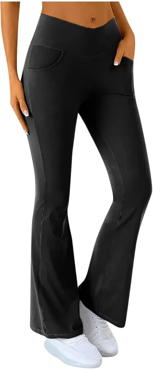 Flare Leggings for Women High Waisted Cross Waist Pants for Women with Pocket Palazzo High Waisted Yoga Pants