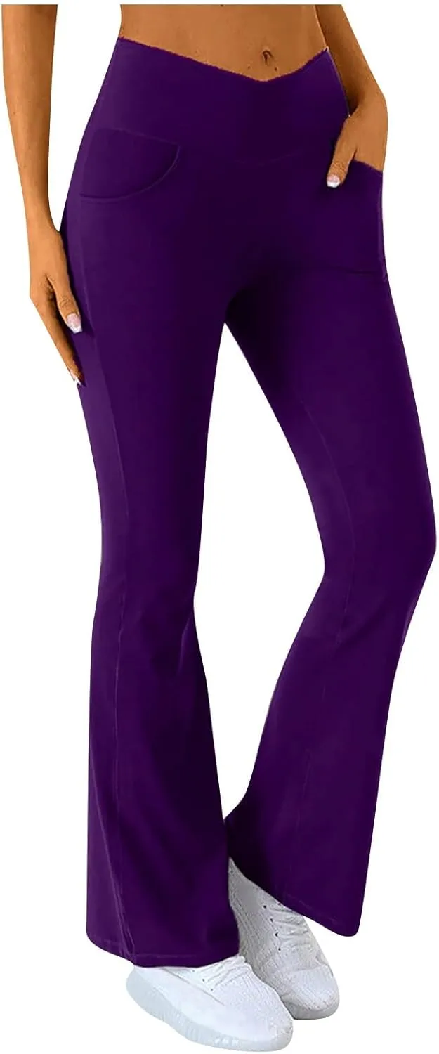 Flare Leggings for Women High Waisted Cross Waist Pants for Women with Pocket Palazzo High Waisted Yoga Pants