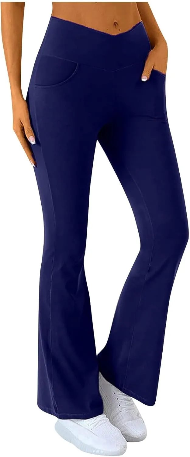 Flare Leggings for Women High Waisted Cross Waist Pants for Women with Pocket Palazzo High Waisted Yoga Pants