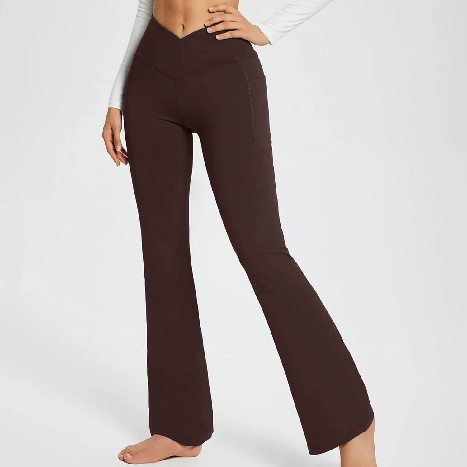 Flare Yoga Pants for Women V Neck High Waisted Tummy Control Pants Skinny Stretch Butt Lifting Pull on Pants with Pockets
