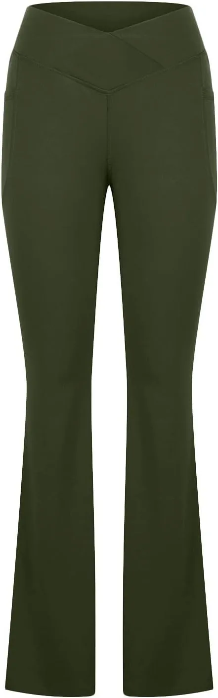 Flare Yoga Pants for Women V Neck High Waisted Tummy Control Pants Skinny Stretch Butt Lifting Pull on Pants with Pockets