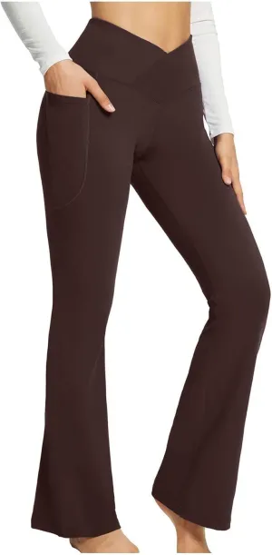 Flare Yoga Pants for Women V Neck High Waisted Tummy Control Pants Skinny Stretch Butt Lifting Pull on Pants with Pockets