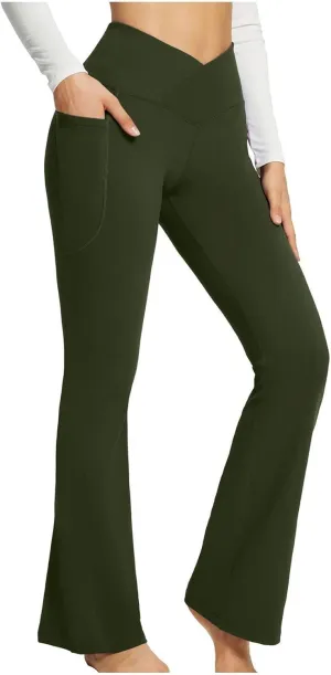 Flare Yoga Pants for Women V Neck High Waisted Tummy Control Pants Skinny Stretch Butt Lifting Pull on Pants with Pockets
