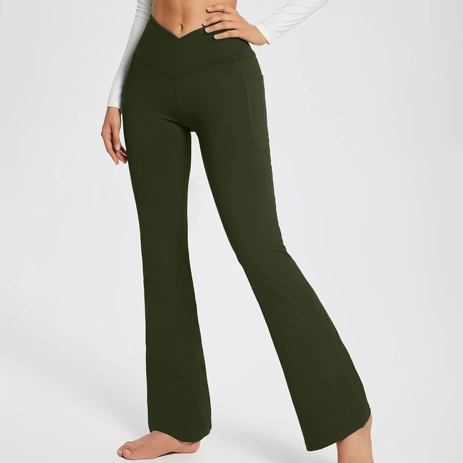 Flare Yoga Pants for Women V Neck High Waisted Tummy Control Pants Skinny Stretch Butt Lifting Pull on Pants with Pockets
