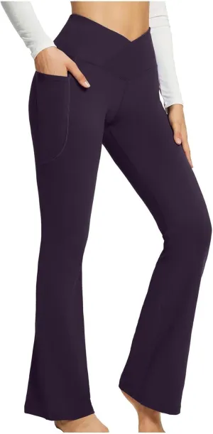 Flare Yoga Pants for Women V Neck High Waisted Tummy Control Pants Skinny Stretch Butt Lifting Pull on Pants with Pockets