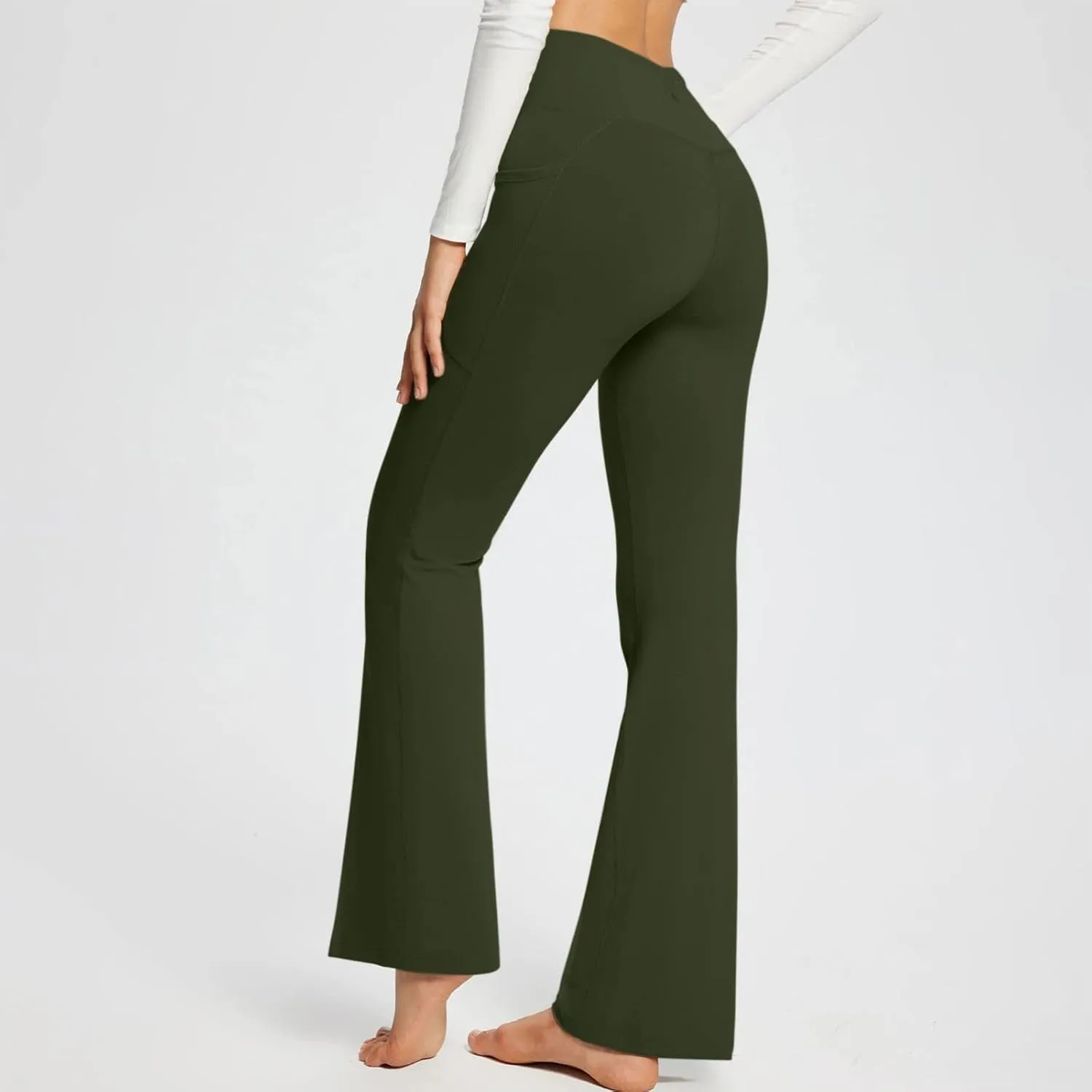 Flare Yoga Pants for Women V Neck High Waisted Tummy Control Pants Skinny Stretch Butt Lifting Pull on Pants with Pockets