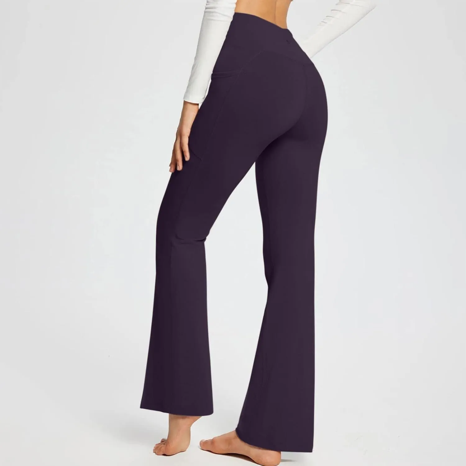 Flare Yoga Pants for Women V Neck High Waisted Tummy Control Pants Skinny Stretch Butt Lifting Pull on Pants with Pockets