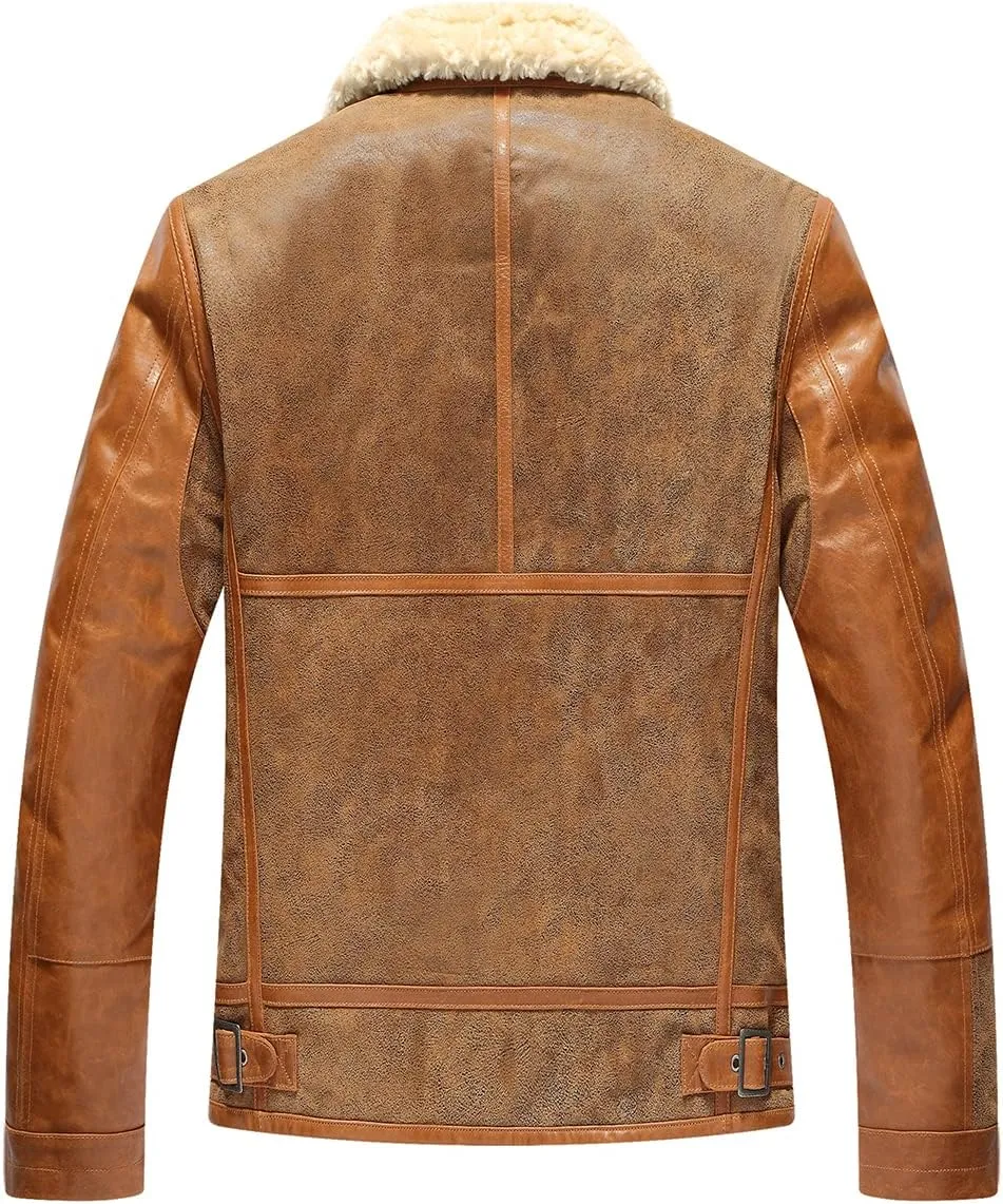 FLAVOR Mens Leather Bomber Jacket Warm Piolt Winter Shearling Jackets Aviator Coat