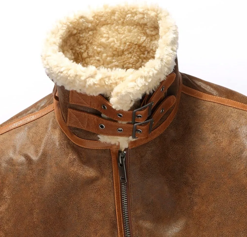 FLAVOR Mens Leather Bomber Jacket Warm Piolt Winter Shearling Jackets Aviator Coat