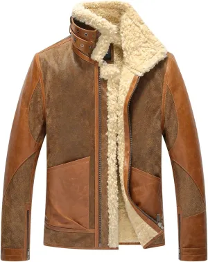 FLAVOR Mens Leather Bomber Jacket Warm Piolt Winter Shearling Jackets Aviator Coat