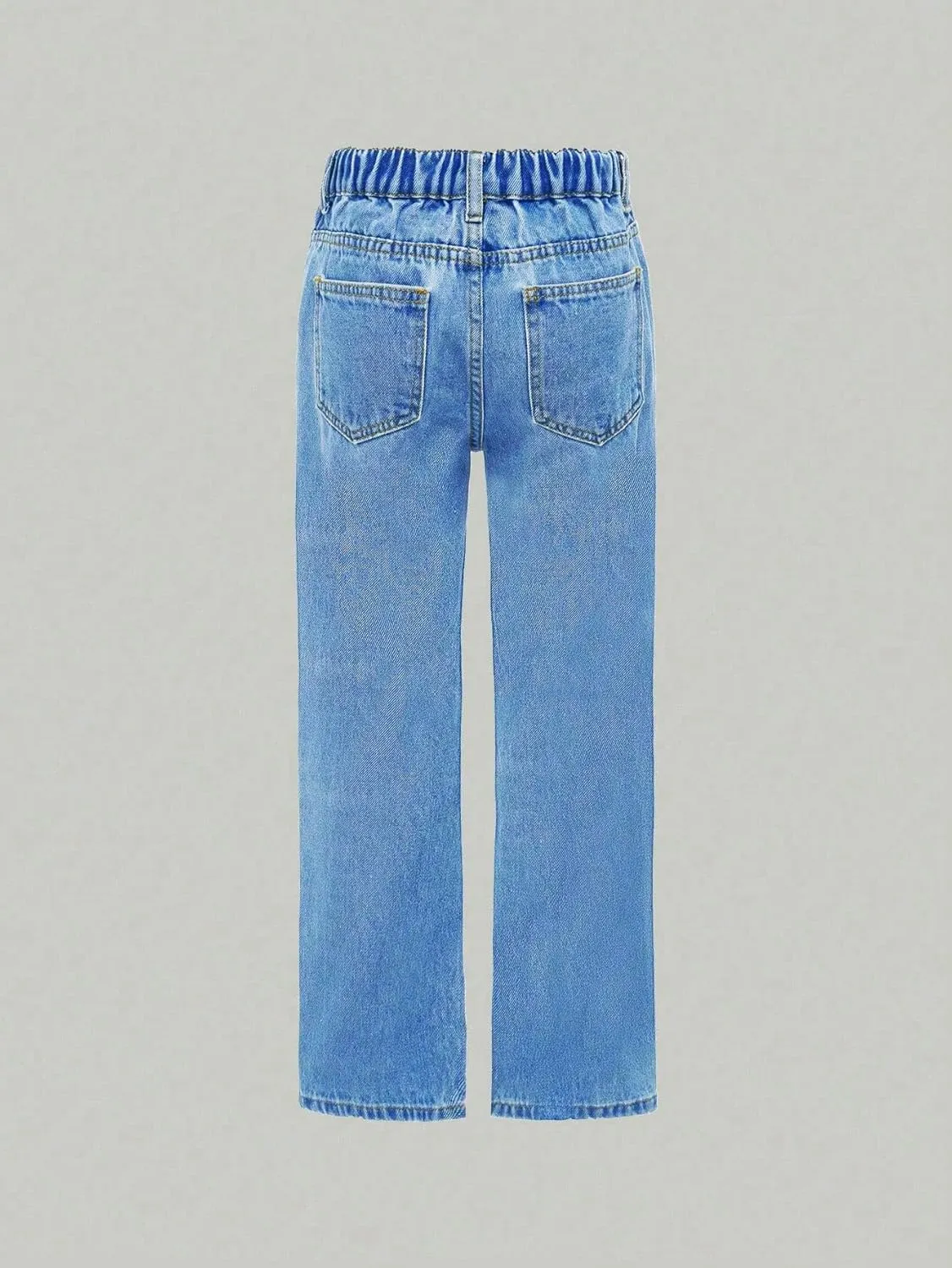 Floerns Girls Elastic Waist Distressed Ripped Straight Leg Denim Jeans